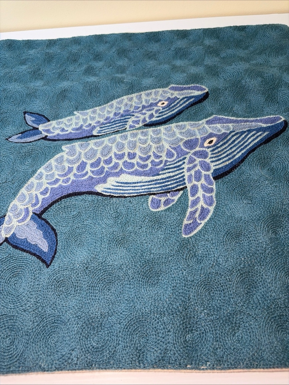 Handmade Kashmiri Chain Stitch Whale Pillow Cover 18x18 Heavy Canvas Coastal